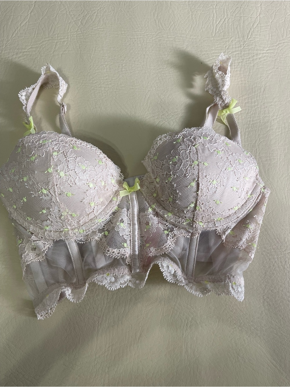 Victoria's Secret Pale‎ Pink Lace Longline Bra with Lime Accents